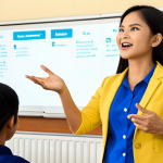 **Image Prompt:** Confident Thai teacher presenting at an education forum, using engaging storytelling techniques. Focus on visual aids, interactive elements, and a positive, empowering mindset. Classroom setting, bright colors, enthusiastic audience.