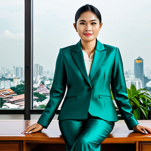 **

A professional Thai businesswoman in a modest, tailored silk suit, sitting at a traditional wooden desk in a modern, minimalist office overlooking the Bangkok skyline, fully clothed, appropriate attire, safe for work, perfect anatomy, natural proportions, professional photography, high quality, family-friendly. The office includes subtle Thai art pieces and lush green plants.

**