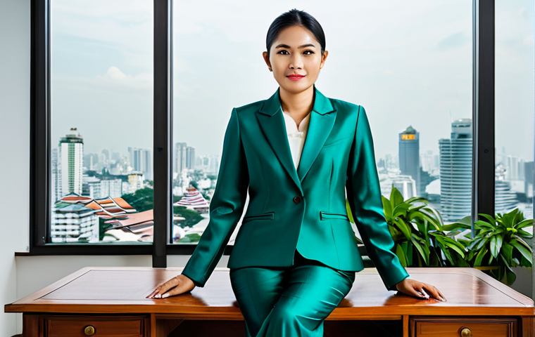 **

A professional Thai businesswoman in a modest, tailored silk suit, sitting at a traditional wooden desk in a modern, minimalist office overlooking the Bangkok skyline, fully clothed, appropriate attire, safe for work, perfect anatomy, natural proportions, professional photography, high quality, family-friendly. The office includes subtle Thai art pieces and lush green plants.

**