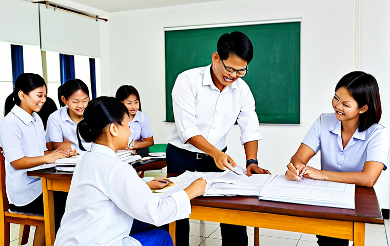 교사 오프라인 워크숍 운영법 - A group of fully clothed Thai teachers participating in a hands-on workshop, learning about creating...